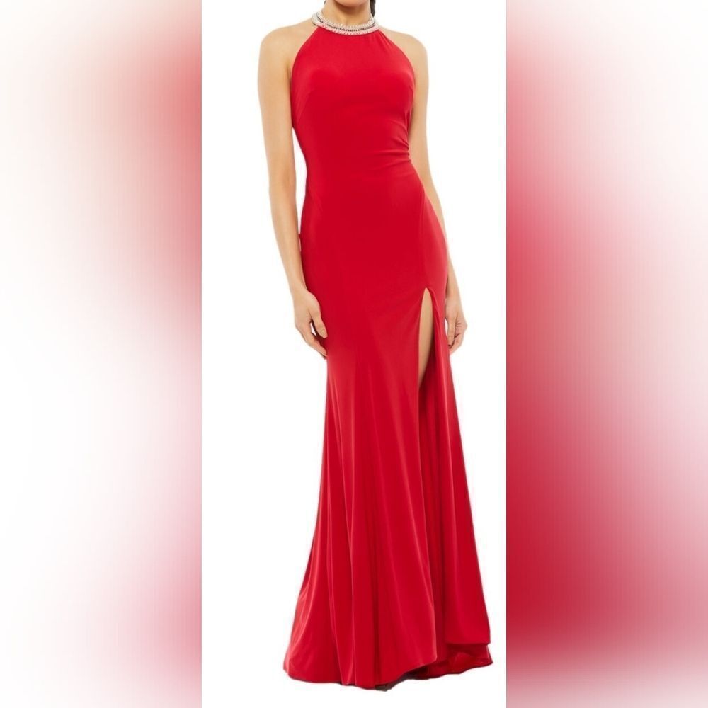 Mac Duggal 25572 Beaded Halter Jersey Gown NWOT Size 14 Red